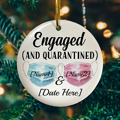 Alternative view of Personalized Engaged And Quarantined Wedding Pandemic Mr And Mrs Couple Mask Bride And Groom Circle Ornament