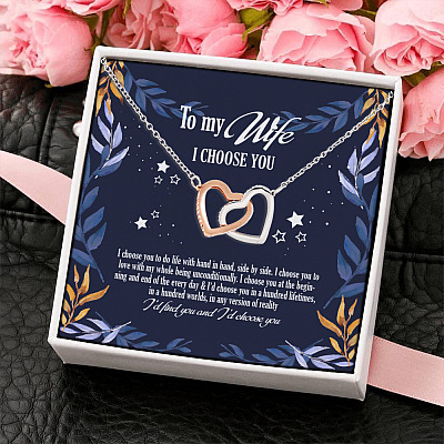 Alternative view of To My Wife I Choose You To Do Life With Hand In Hand Side By Side Interlocking Hearts Pendant Necklace