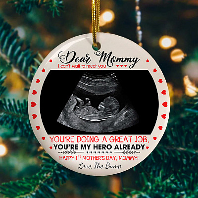 Alternative view of Personalized Photo Dear Mommy I Can't Wait to Meet You the Bump Custom Image Christmas Flat Circle Ornament