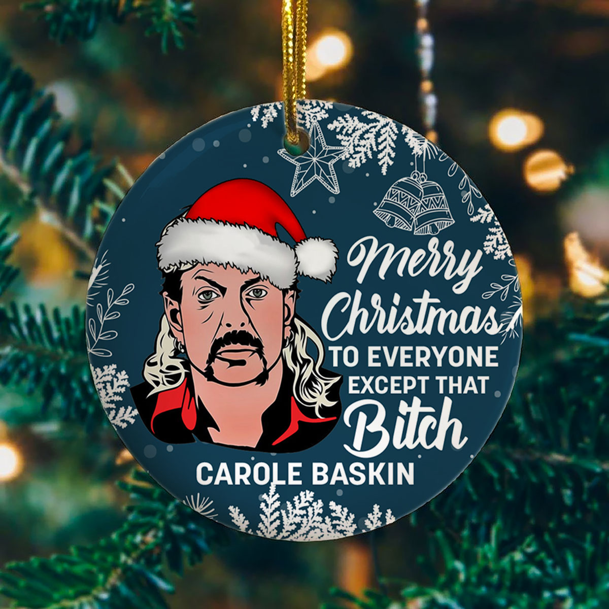3vt. merry christmas except bitch carole baskin ornament mockup
