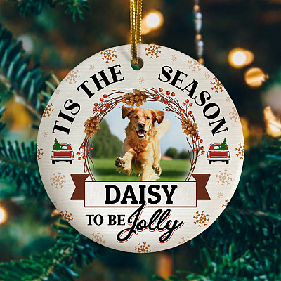 Alternative view of Personalized Photo Tis The Season To Be Jolly Christmas Flat Circle Ornament - Custom Pet Cat Dog Ornament