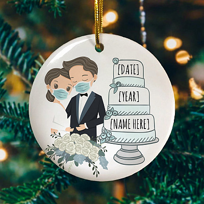 Alternative view of Personalized Bride And Groom Wearing Ma-sk Christmas Ornament - Married Quarantine Wedding Christmas Ornament