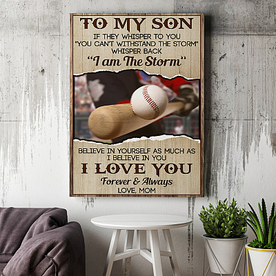 Alternative view of Personalized Photo Mom To Son If They Whisper To You You Can't Withstand The Storm Framed Canvas - Unframed Poster