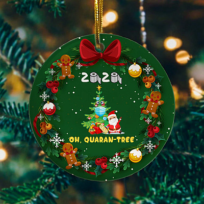 Alternative view of 2020 Santa Oh Quaran-tree Decorative Christmas Ornament - 2020 Santa Wearing Mask Circle Ornament