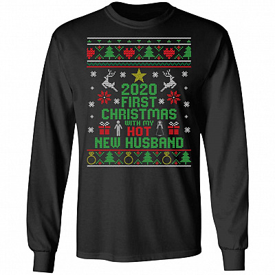 2020 First Christmas With My Husband Hoodie, Black, Long Sleeve