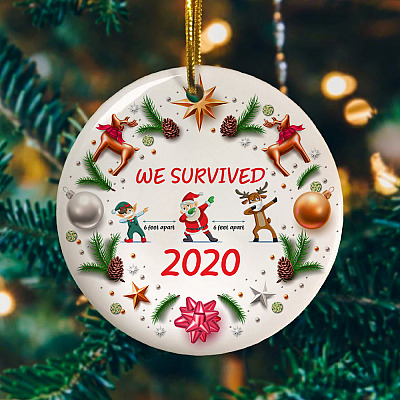 Alternative view of We Survived 2020 6 Feet Apart Social Distancing Christmas Holiday Flat Circle Ornament - Decoration Gift