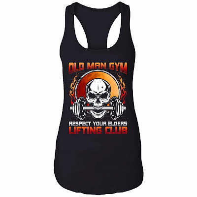 Old Man Gym Respect Tank, Black, Ladies Racerback Tank