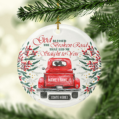 Alternative view of Personalized God Blessed the Broken Road Red Truck Christmas Ornament Keepsake - Holiday Flat Circle Ornament