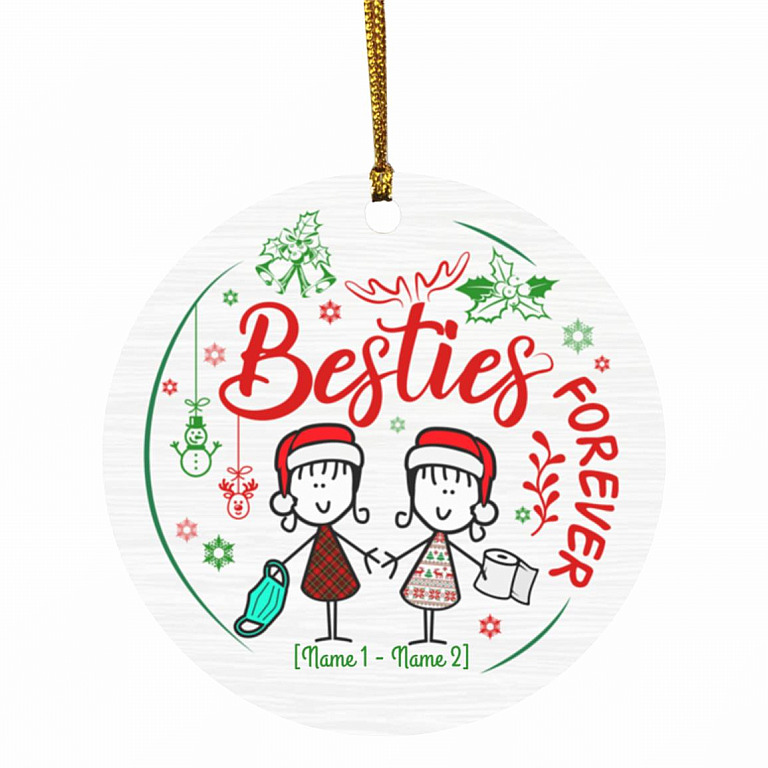 1KT. Besties Forver_Personalized, White, Circle Ornament