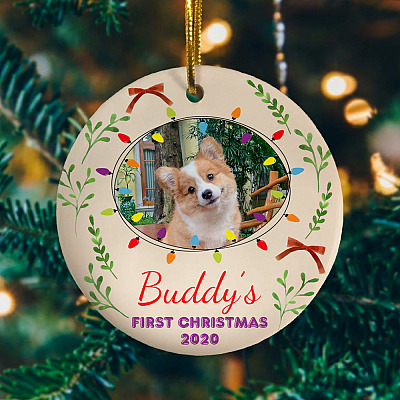 Alternative view of Personalized Photo Pet's First Christmas 2020 Circle Christmas Ornament Keepsake - Custom Image Pet Ornament
