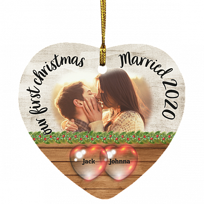Personalized Custom Photo Image Our Fist Christmas As Mr And Mrs Married 2020 Couple Wedding Heart Ornament, White, Heart Ornament