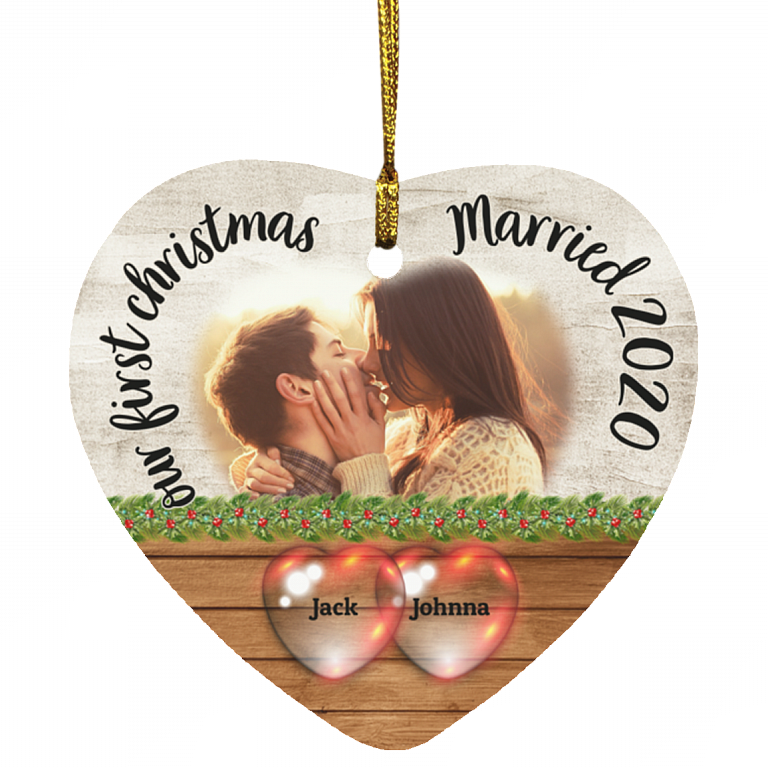 Personalized Custom Photo Image Our Fist Christmas As Mr And Mrs Married 2020 Couple Wedding Heart Ornament, White, Heart Ornament