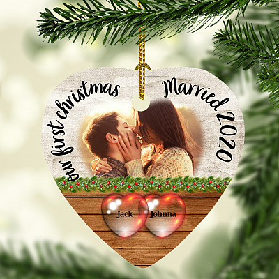 Alternative view of Personalized Custom Photo Image Our First Christmas As Mr And Mrs Married 2020 Couple Wedding Heart Ornament