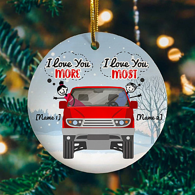 Alternative view of Personalized I Love You More I Love You Most Funny Couple Christmas Holiday Circle Ornament Keepsake