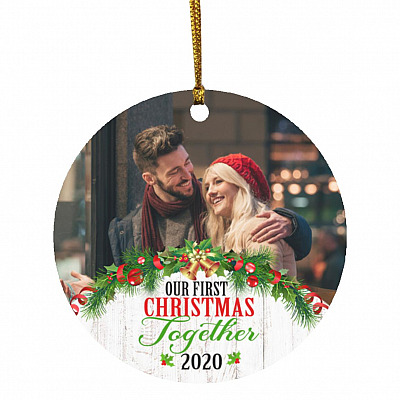 Personalized Photo Our First Christmas, White, Circle Ornament