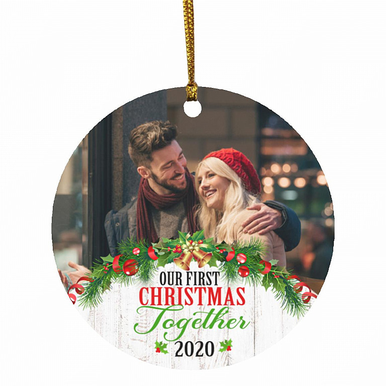 Personalized Photo Our First Christmas, White, Circle Ornament