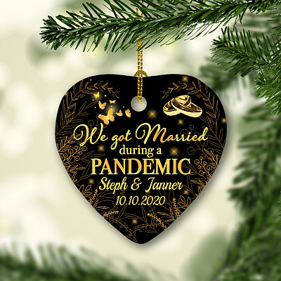 Alternative view of Personalized We Got Married During a Pandemic Christmas Holiday Flat Heart Ornament - Decoration Gift