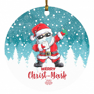 Merry Christmask Ornament, White, Circle Ornament