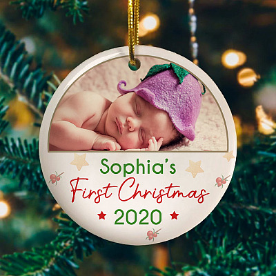 Alternative view of Personalized Custom Photo Baby's First Christmas Holiday Circle Ornament With Photo Of Baby And Name