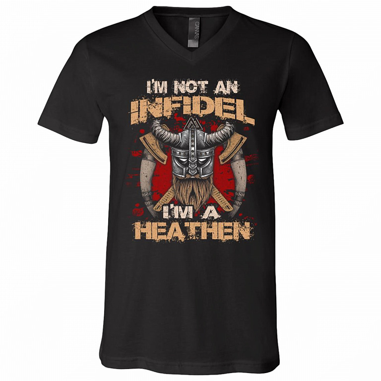 Viking Norse T-Shirts - I'm Not An Infidel I'm A Hea-then Valknut V-Neck Tee - Youth Tee, Black, V-Neck T-Shirt