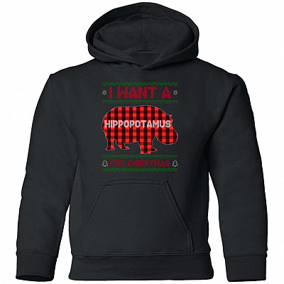 I Want A Hippopotamus For Christmas Ugly Youth Hoodie - Sweatshirt - Long Sleeve Shirt - Hippo Lover Ugly Sweatshirt, Black, Youth Hoodie