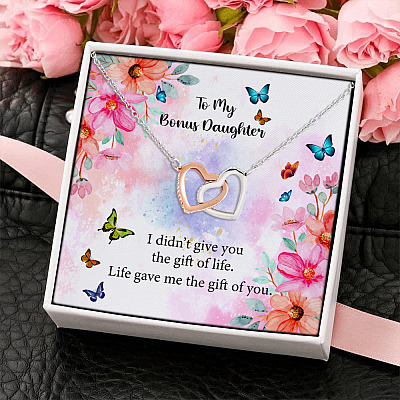 Alternative view of To My Bonus Daughter I Didn't Give You The Gift Of Life Life Gave Me The Gift Of You Interlocking Hearts Pendant Necklace