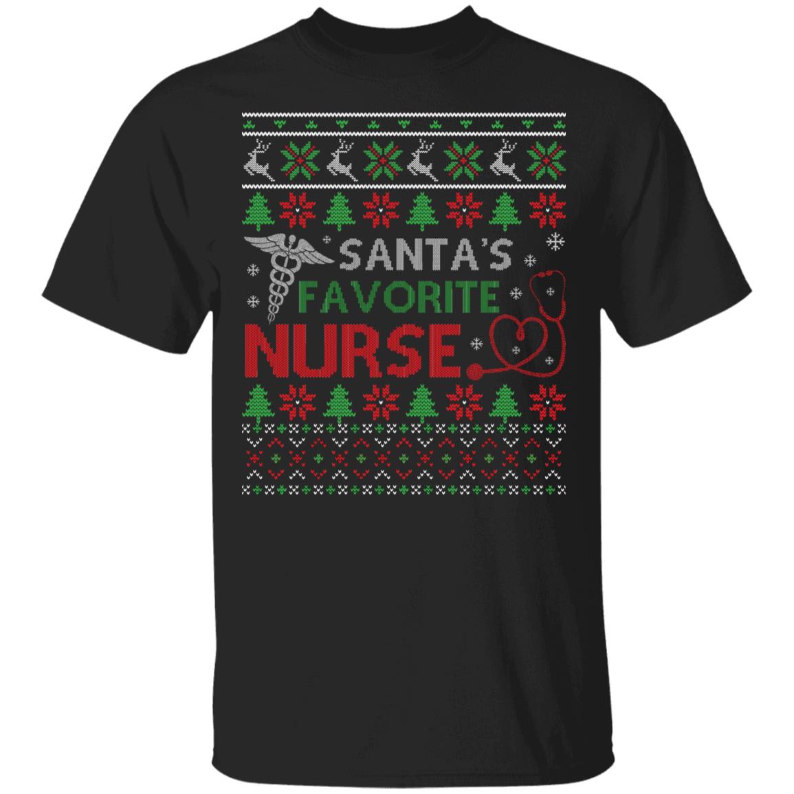 Santa's Favorite Nurse Ugly Christmas T-Shirt - Funny Christmas Gifts Shirt for Nurse, Black, Unisex T-Shirt