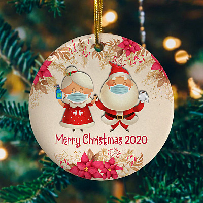 Mr and Mrs Santa Claus Wearing Mask Decorative Christmas Ornament Keepsake - Holiday Flat Circle Ornament