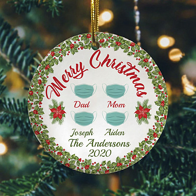 Personalized Four Face Masks Family Christmas Ornament - Merry Christmas Mom Dad Quarantine Circle Ornament