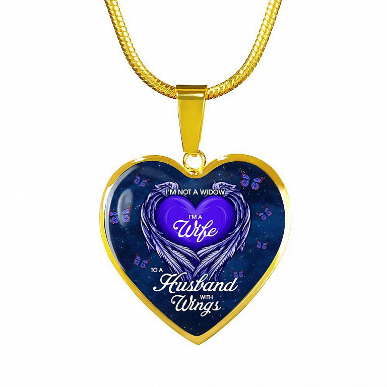I'm Not a Widow I'm a Wife to A Husband With Wings Memorial Gifts for Loss of Husband Heart Pendant Necklace - Heart Luxury Necklace (Gold Plated)