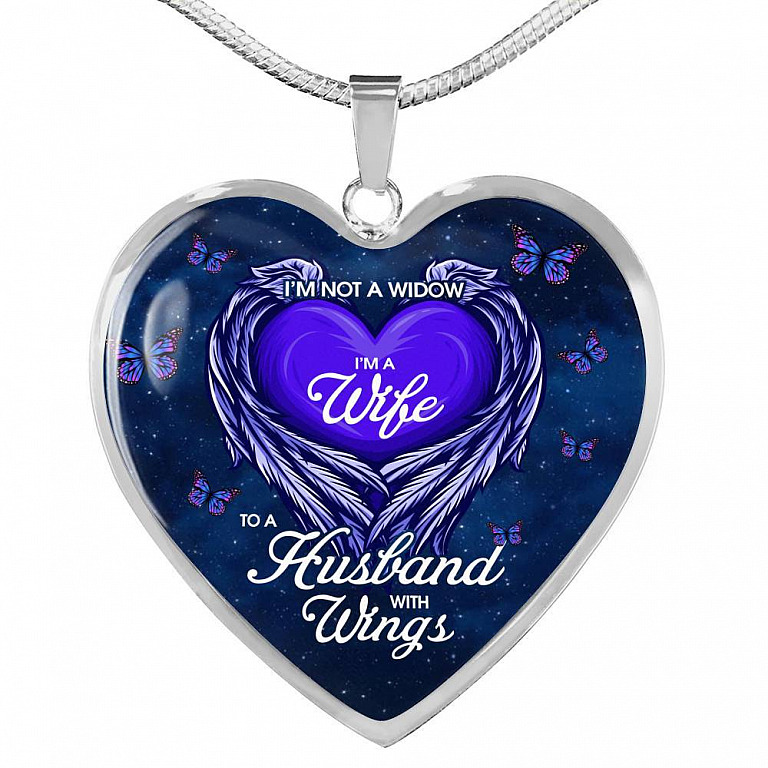 I'm Not a Widow I'm a Wife to A Husband With Wings Memorial Gifts for Loss of Husband Heart Pendant Necklace - Heart Luxury Necklace (Silver)