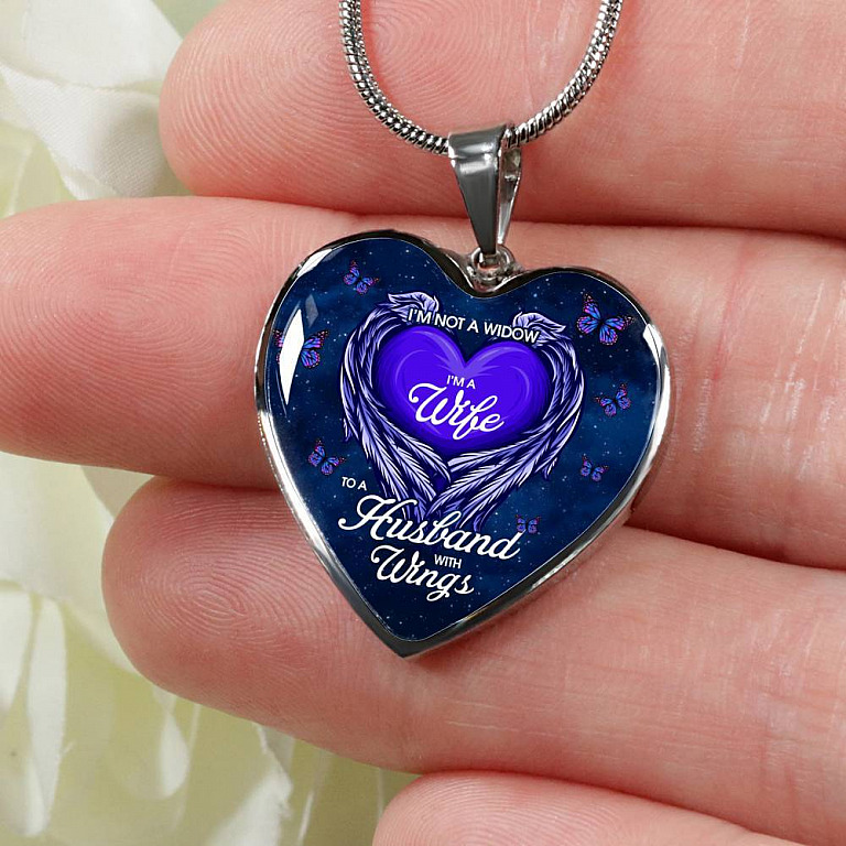 I'm Not a Widow I'm a Wife to A Husband With Wings Memorial Gifts for Loss of Husband Heart Pendant Necklace - Heart Luxury Necklace (Silver)