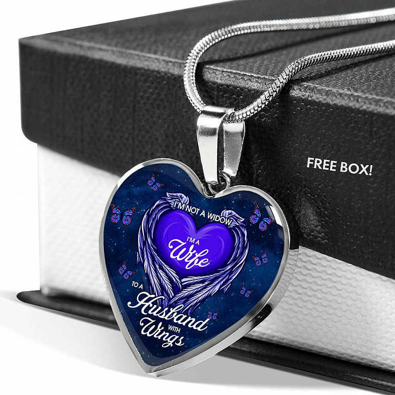 I'm Not a Widow I'm a Wife to A Husband With Wings Memorial Gifts for Loss of Husband Heart Pendant Necklace - Heart Luxury Necklace (Silver)