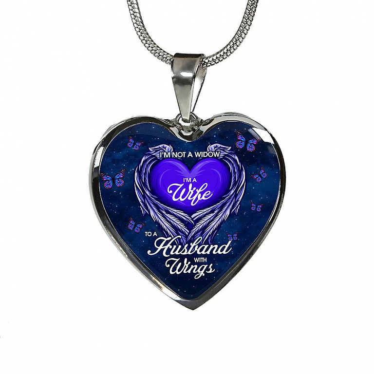 I'm Not a Widow I'm a Wife to A Husband With Wings Memorial Gifts for Loss of Husband Heart Pendant Necklace - Heart Luxury Necklace (Silver)