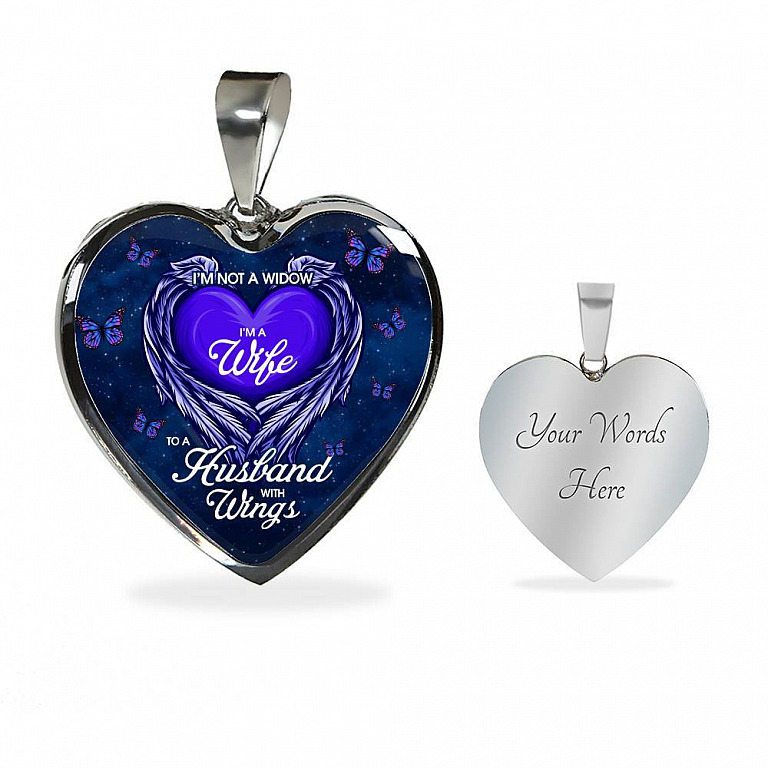 I'm Not a Widow I'm a Wife to A Husband With Wings Memorial Gifts for Loss of Husband Heart Pendant Necklace - Heart Luxury Necklace (Silver)