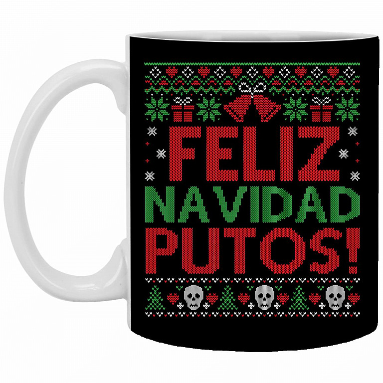 Feliz Navidad Putos Merry Fucking Christmas, Black, 11 oz. White Mug