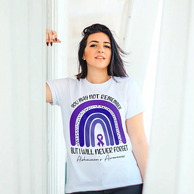 Alternative view of Alzheimer Awareness You May Not Remember But I Will Never Forget Purple Ribbon Rainbow T-shirt - V-neck