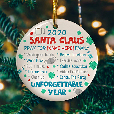 Personalized Santa Claus Prays for Our Family Pandemic Quarantine 2020 Christmas Flat Holiday Circle Ornament