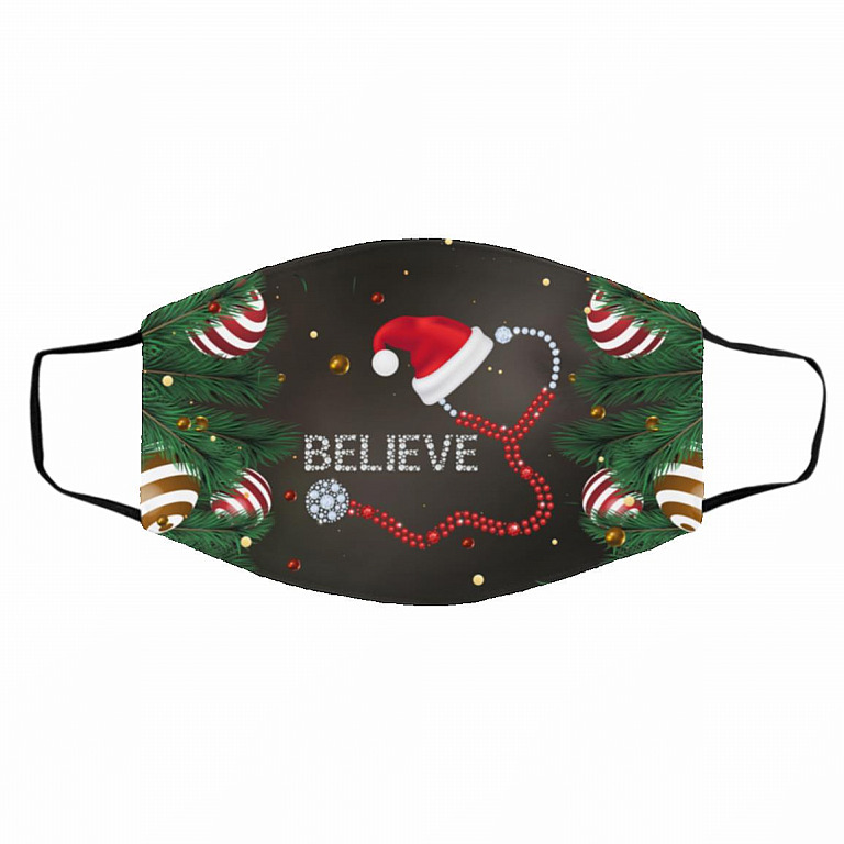 Believe Santa Stethoscope Nurse, White, Cloth Face Cover – Medium/Large