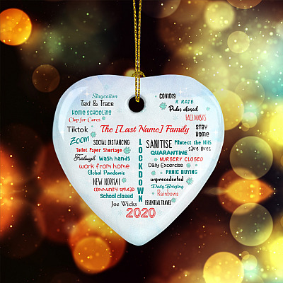 Personalized Family Name Pandemic Quarantine 2020 Christmas Flat Holiday Heart Ornament Keepsake