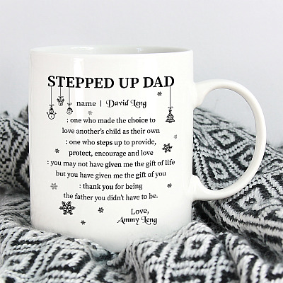 Alternative view of Personalized Name Stepped Up Dad Ceramic Coffee Mug - Beer Stein -Water Bottle - Funny Bonus Dad Mug