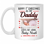 Personalized Custom Photo Happy 1st Christmas As My Daddy Lots Of Love Baby Name Customized Ceramic Coffee Mug, White, 11 oz. White Mug