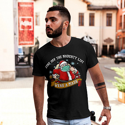 Alternative view of Stay Off The Naughty List Wear A Mask Christmas T-shirt - V-neck - Santa Wearing Mask Funny Xmas Shirt