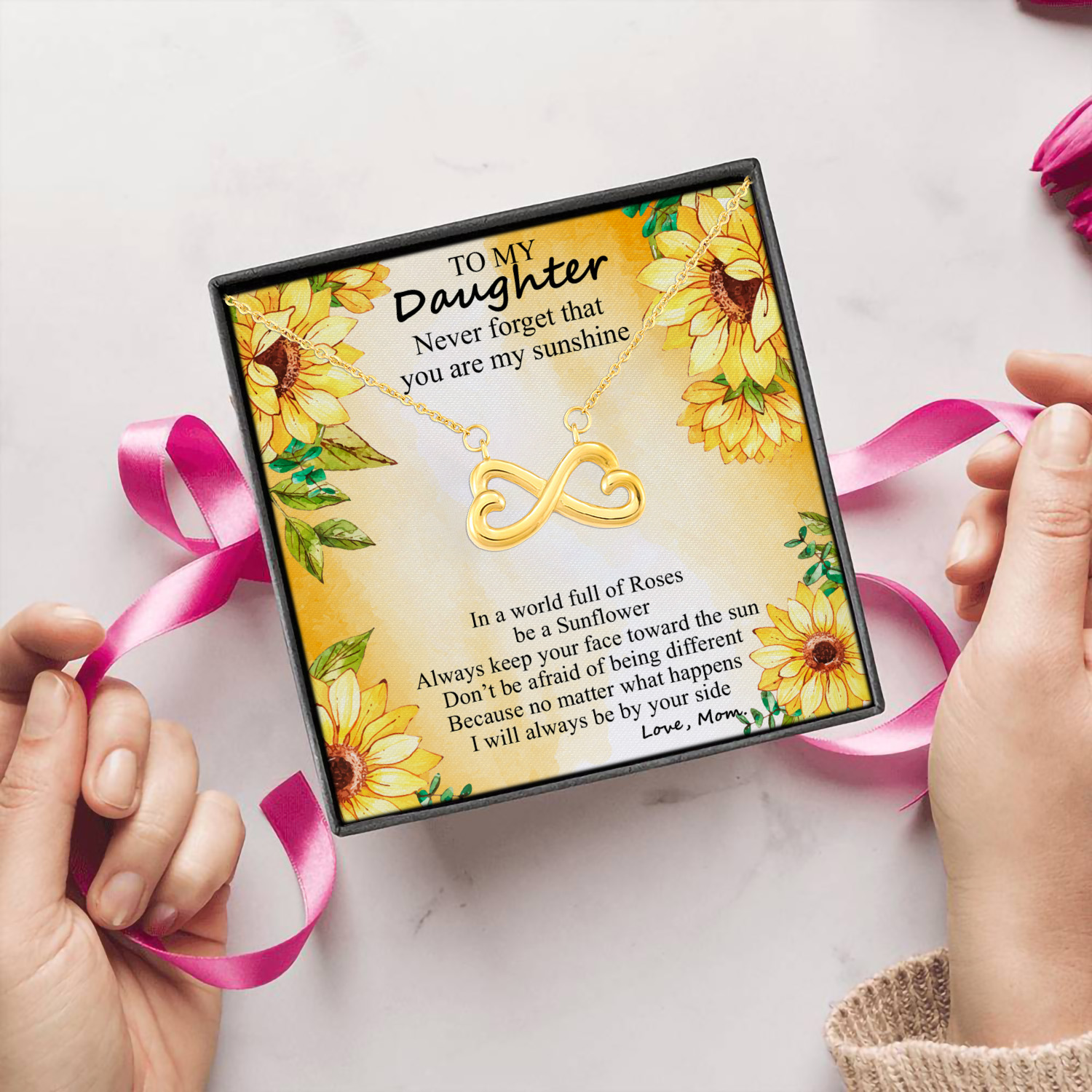 5Th. Be A Sunflower, LOVE MOM Infinity Heart Necklace (Gold) 5