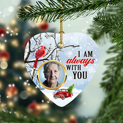 Alternative view of Personalized Photo I Am Always With You Cardinal And Red Truck Memorial Heart Christmas Ornament Keepsake