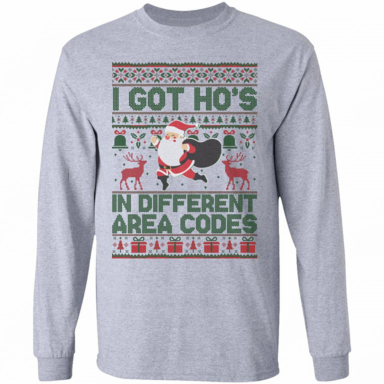 I Got Hos in Different Area Codes Funny Santa Claus Christmas Ugly Christmas Sweater Long Sleeve, Sport Grey, Long Sleeve