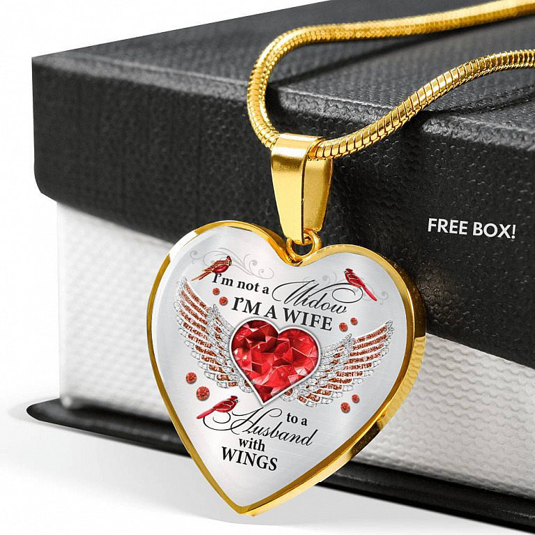 I'm Not A Widow I'm A Wife To A Husband Cardinal Bird Wings Heart Necklace - In Memory Of Husband Necklace - Heart Luxury Necklace (Gold Plated)