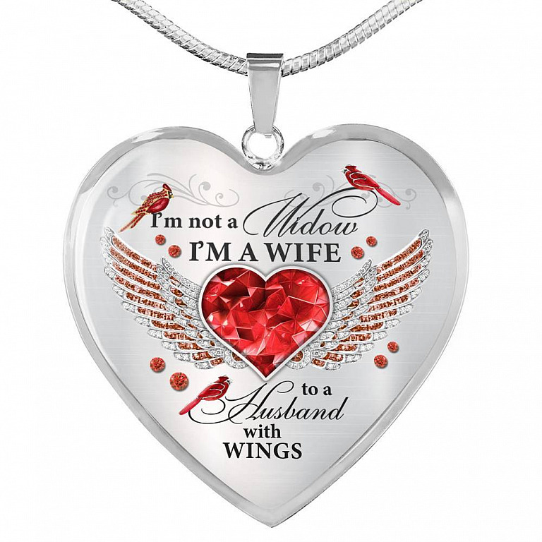 I'm Not A Widow I'm A Wife To A Husband Cardinal Bird Wings Heart Necklace - In Memory Of Husband Necklace - Heart Luxury Necklace (Silver)
