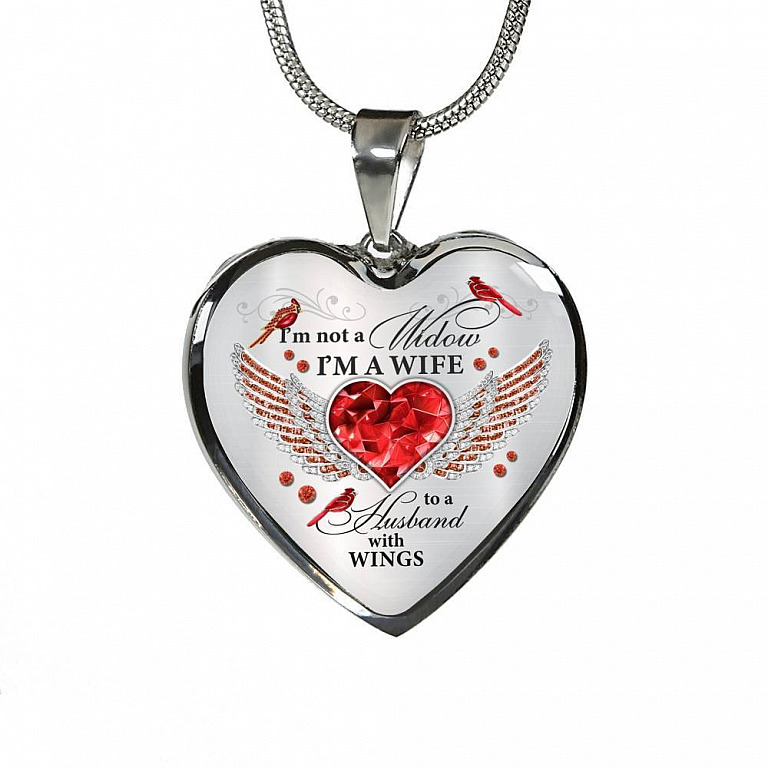 I'm Not A Widow I'm A Wife To A Husband Cardinal Bird Wings Heart Necklace - In Memory Of Husband Necklace - Heart Luxury Necklace (Silver)