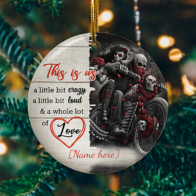 Alternative view of Personalized This Is Us A Little Bit Crazy A Little Bit Loud Motorcycle Skull Couple Circle Christmas Ornament